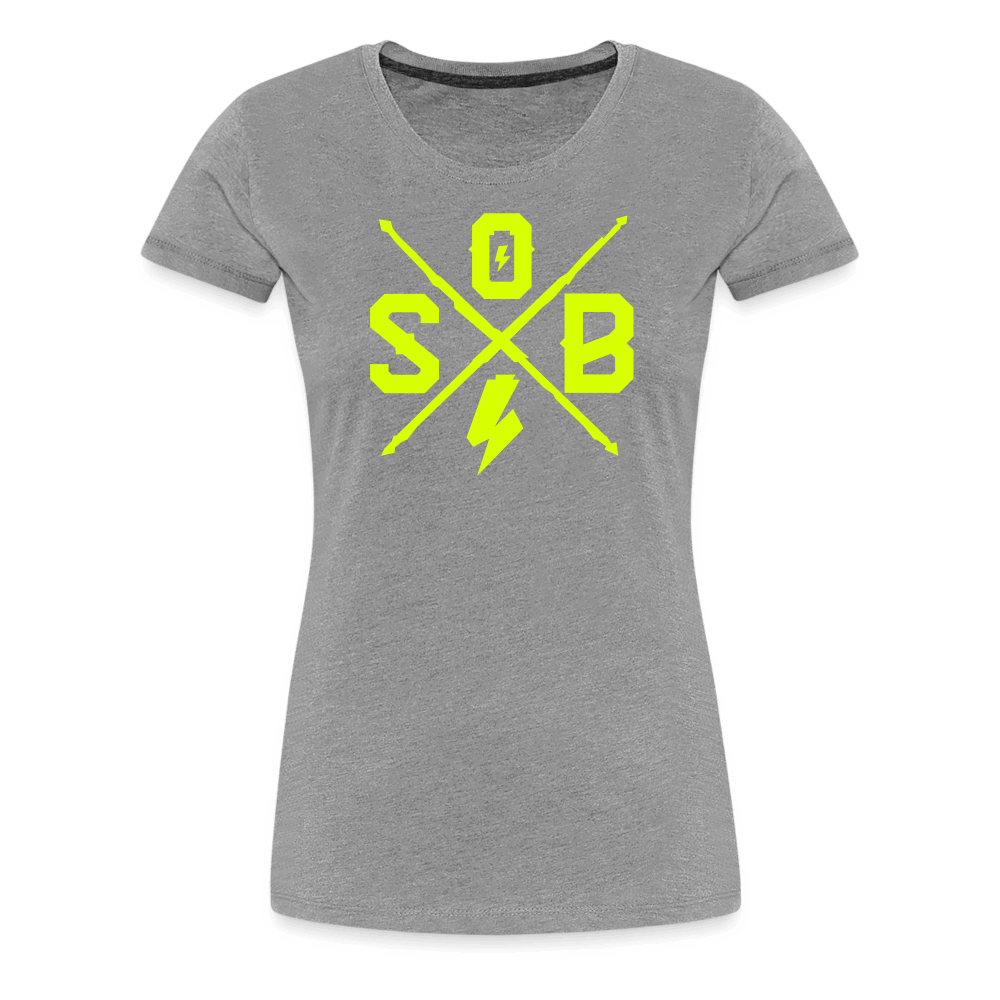 SPOD Frauen Premium T-Shirt Grau meliert / S Cross - Neongelb - Frauen Premium T-Shirt E-Bike-Community