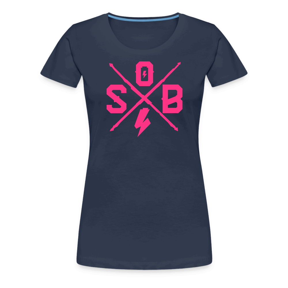 SPOD Frauen Premium T-Shirt Navy / S Cross - Neonpink - Frauen Premium T-Shirt E-Bike-Community