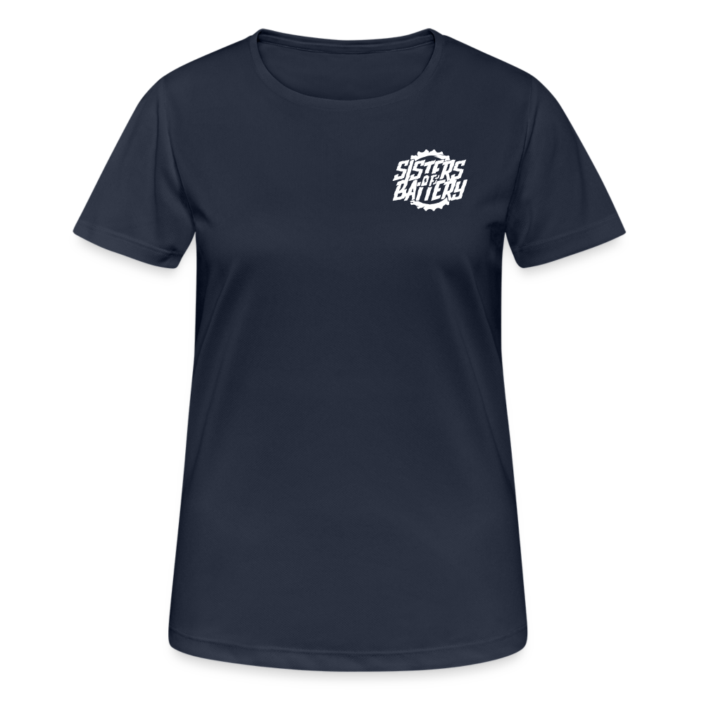 SPOD Frauen T-Shirt atmungsaktiv Dunkelnavy / S Sisters of Battery - Frauen T-Shirt atmungsaktiv E-Bike-Community