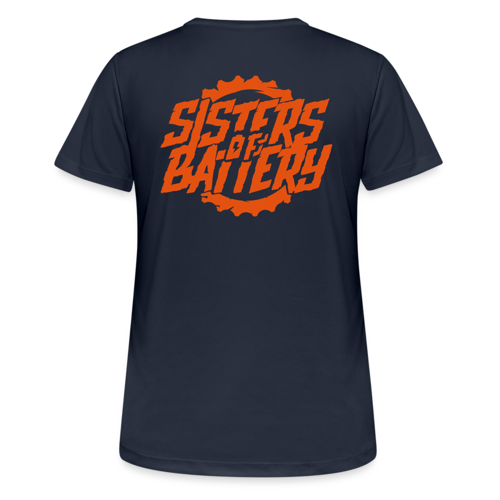 SPOD Frauen T-Shirt atmungsaktiv Dunkelnavy / S Sisters of Battery - Neonorange - Frauen T-Shirt atmungsaktiv E-Bike-Community