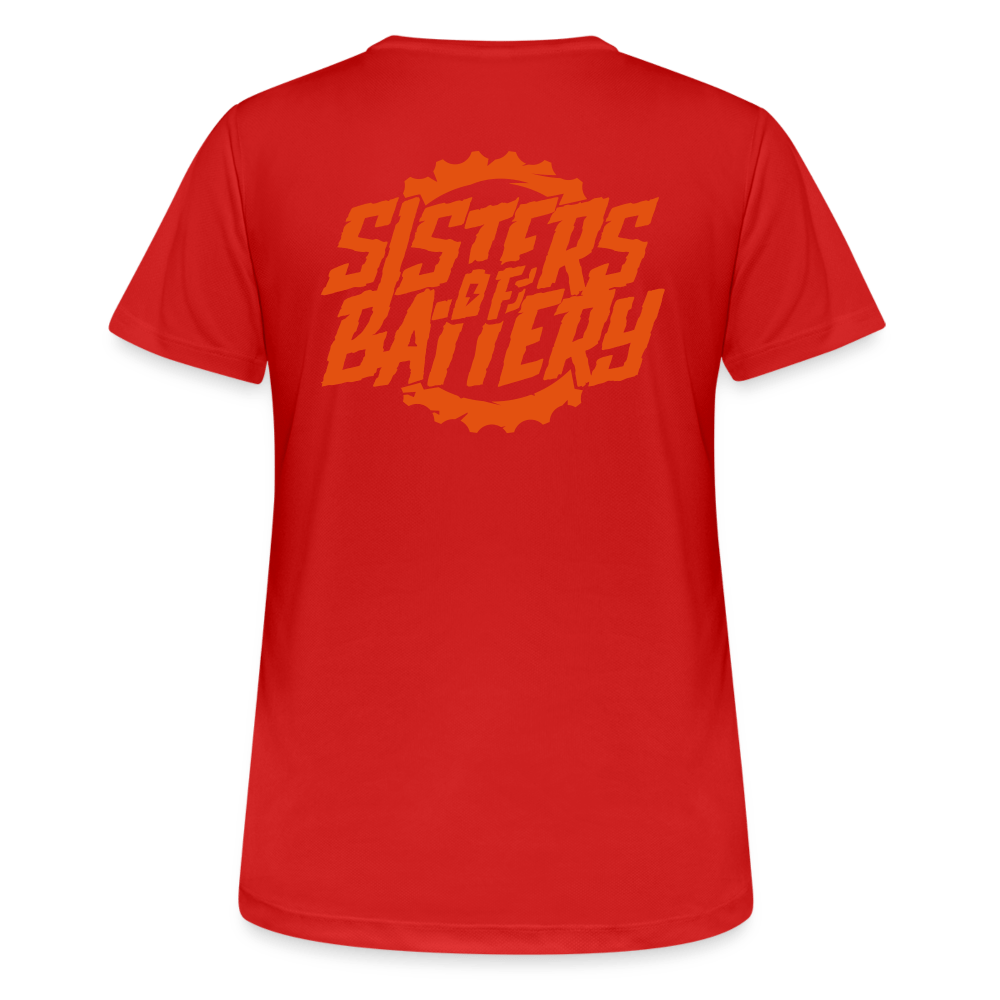 SPOD Frauen T-Shirt atmungsaktiv Rot / S Sisters of Battery - Neonorange - Frauen T-Shirt atmungsaktiv E-Bike-Community