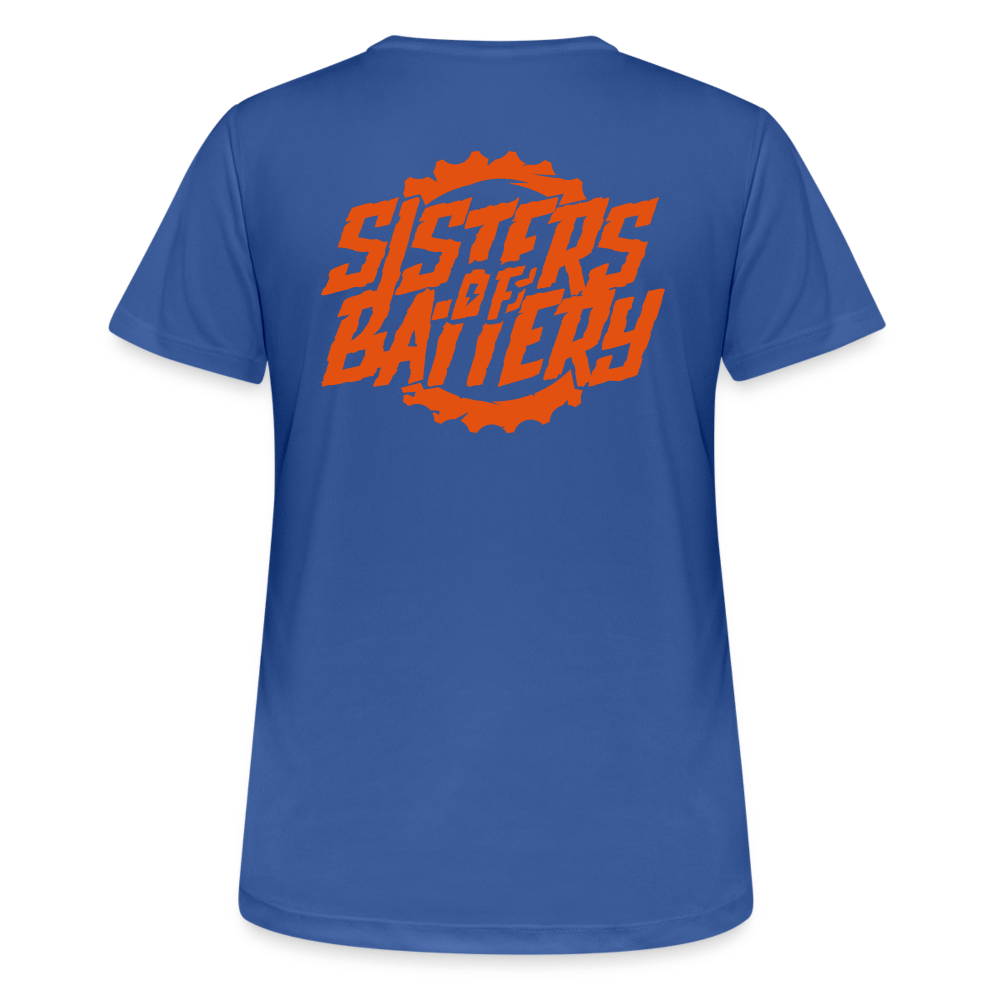 SPOD Frauen T-Shirt atmungsaktiv Royalblau / S Sisters of Battery - Neonorange - Frauen T-Shirt atmungsaktiv E-Bike-Community