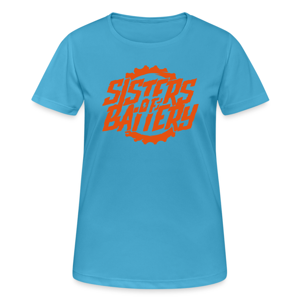 SPOD Frauen T-Shirt atmungsaktiv Saphirblau / S Sisters of Battery - Front -Frauen T-Shirt atmungsaktiv E-Bike-Community