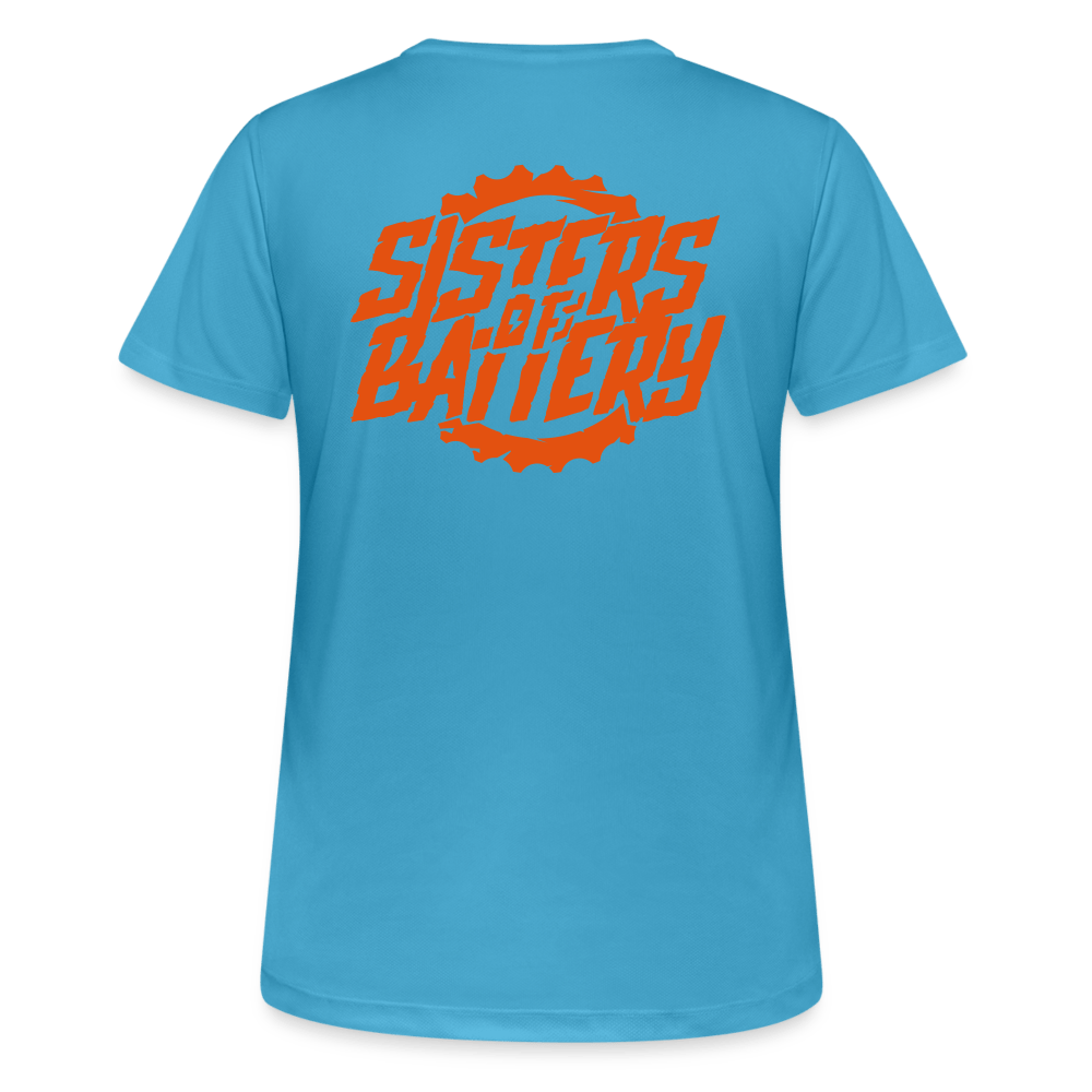 SPOD Frauen T-Shirt atmungsaktiv Saphirblau / S Sisters of Battery - Neonorange - Frauen T-Shirt atmungsaktiv E-Bike-Community