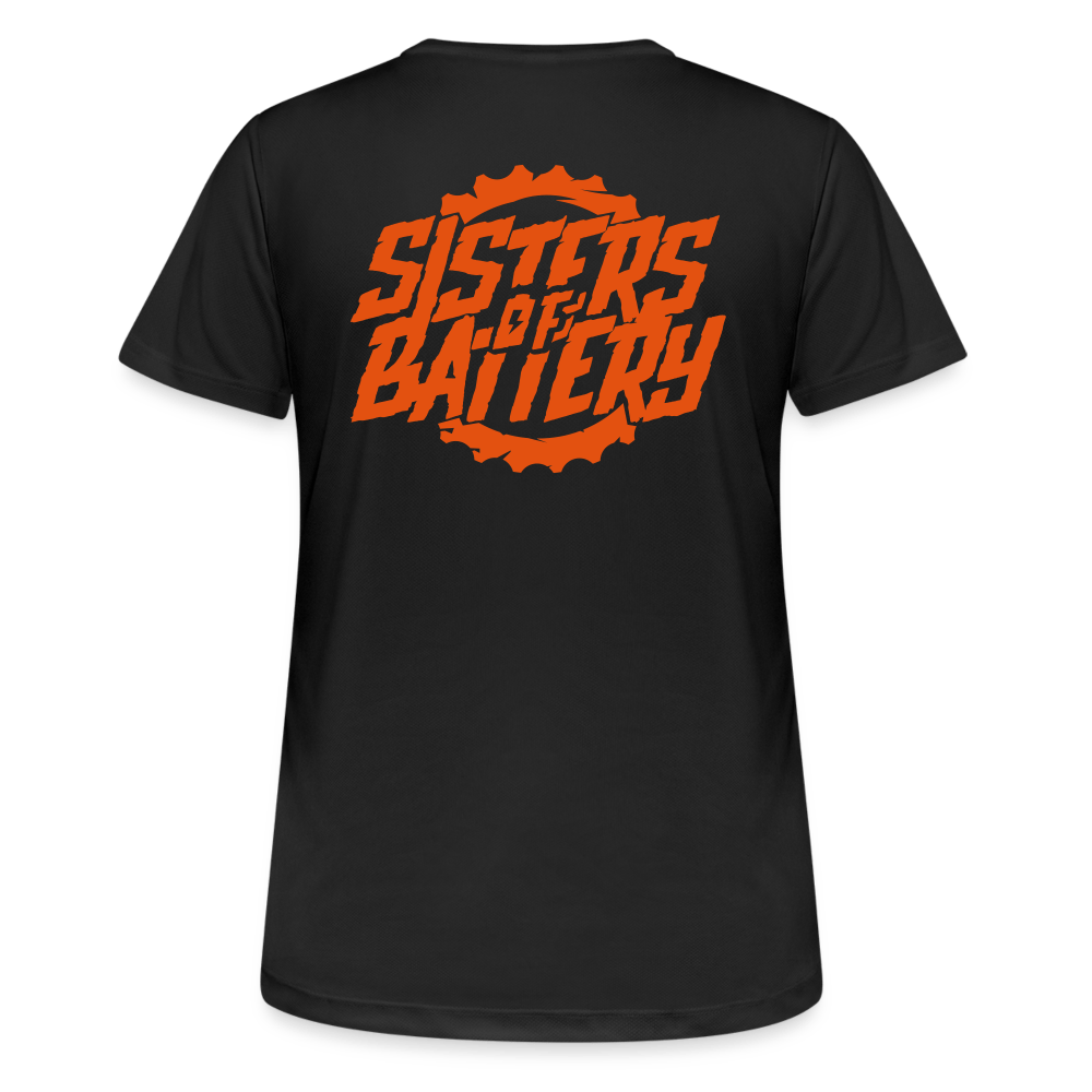 SPOD Frauen T-Shirt atmungsaktiv Schwarz / S Sisters of Battery - Neonorange - Frauen T-Shirt atmungsaktiv E-Bike-Community