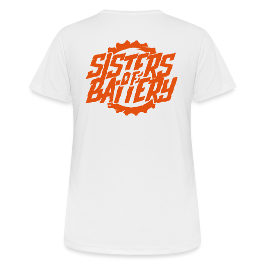 SPOD Frauen T-Shirt atmungsaktiv Weiß / S Sisters of Battery - Neonorange - Frauen T-Shirt atmungsaktiv E-Bike-Community