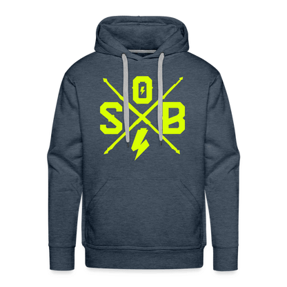 SPOD Männer Premium Hoodie Jeansblau / S Cross Flash - Neongelb -Men’s Premium Hoodie E-Bike-Community