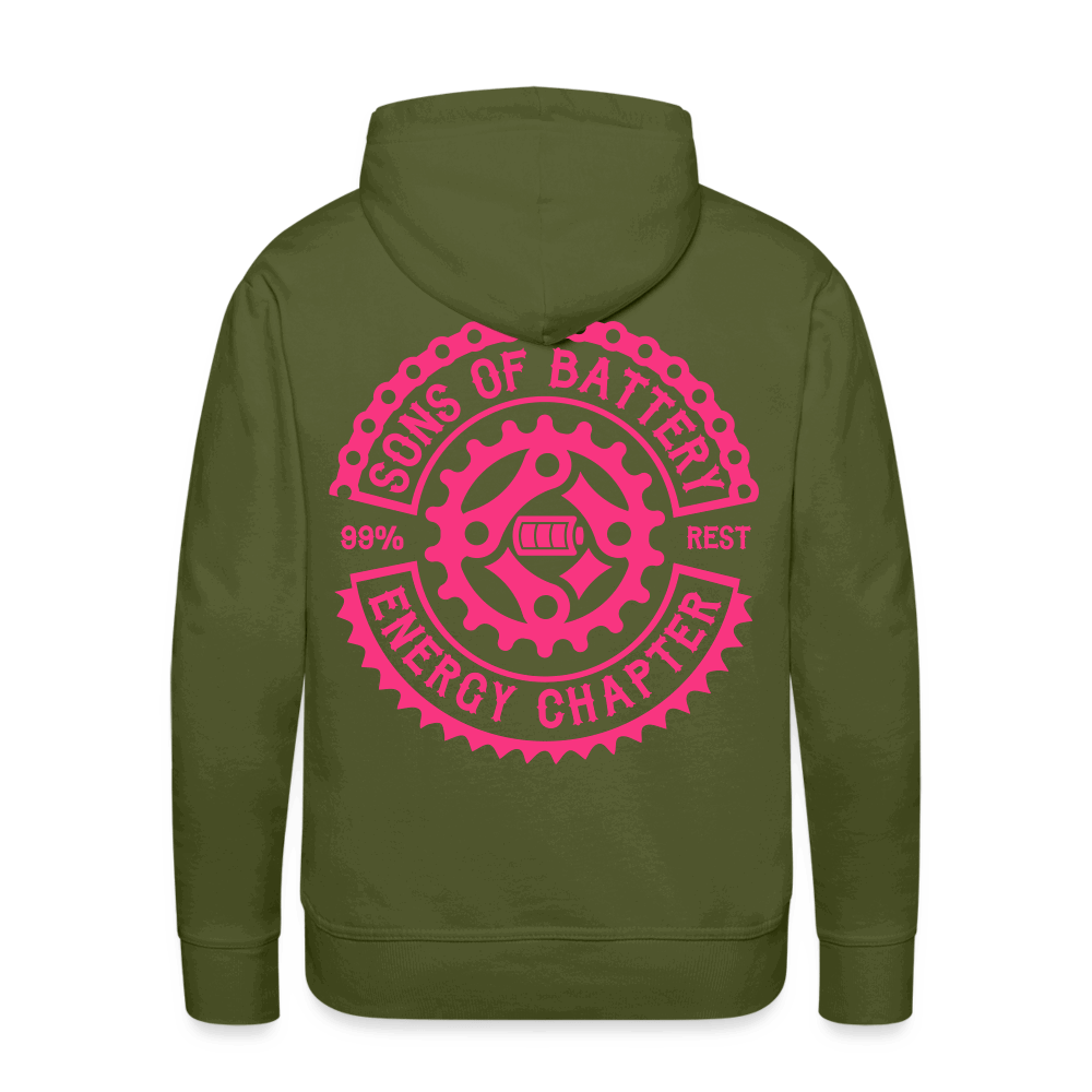 SPOD Männer Premium Hoodie Olivgrün / S 2 Seiten Cross / Sons OG Neonpink - Kapuzen Sweater E-Bike-Community