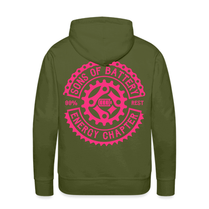 SPOD Männer Premium Hoodie Olivgrün / S 2 Seiten Cross / Sons OG Neonpink - Kapuzen Sweater E-Bike-Community