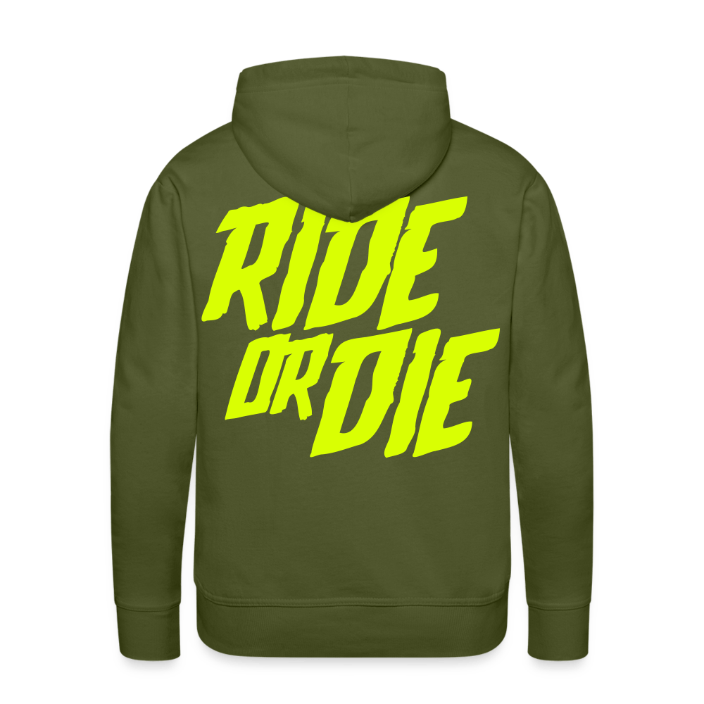 SPOD Männer Premium Hoodie Olivgrün / S Ride or Die - Neongelb - Men’s Premium Hoodie E-Bike-Community