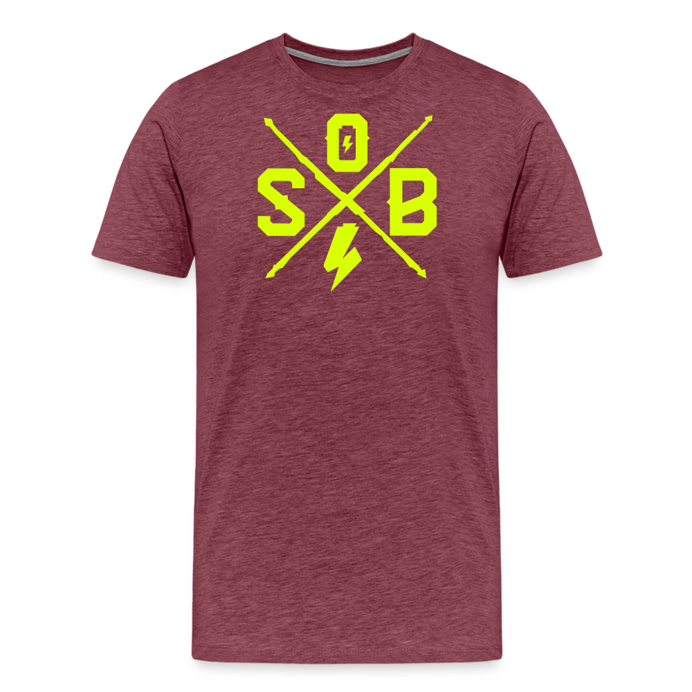 SPOD Männer Premium T-Shirt | Spreadshirt 812 Bordeauxrot meliert / S Cross - Neongelb - Männer Premium T-Shirt E-Bike-Community