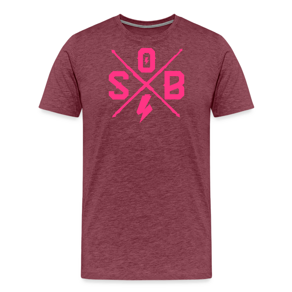 SPOD Männer Premium T-Shirt | Spreadshirt 812 Bordeauxrot meliert / S Cross - Neonpink - Männer Premium T-Shirt E-Bike-Community