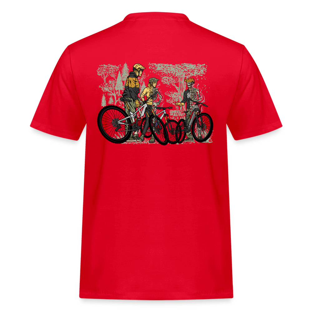 SPOD Männer Workwear T-Shirt Rot / S 2 Seiten - Shred or Alive Crew - Männer Workwear T-Shirt E-Bike-Community