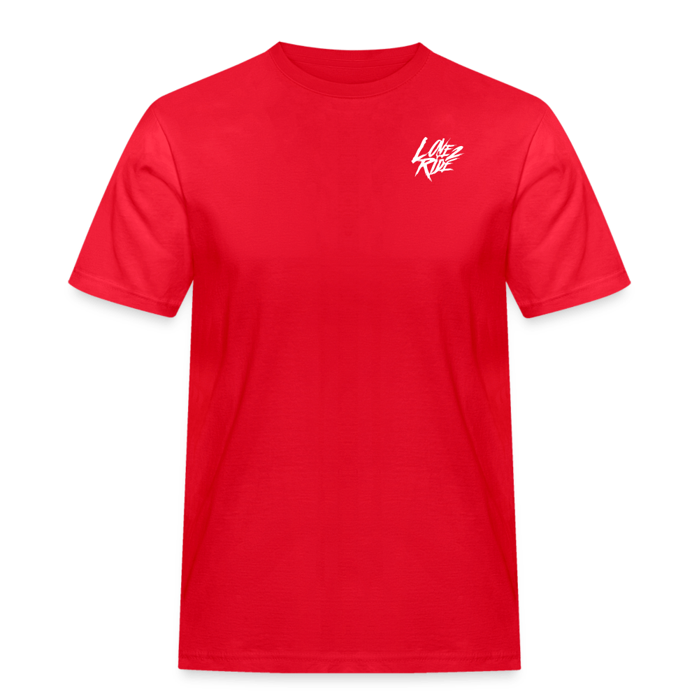 SPOD Männer Workwear T-Shirt Rot / S LOVE 2 RIDE Dark - FRONT / BACK HEAVY MÄNNER WORKWEAR T-SHIRT E-Bike-Community