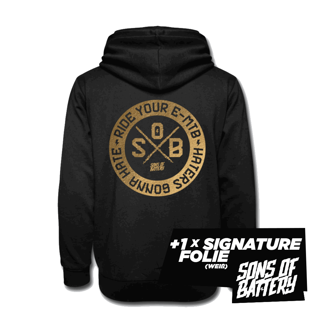 SPOD Unisex Schalkragen Hoodie "Haters" - Gold . Sons of Battery - Unisex Schalkragen Hoodie E-Bike-Community