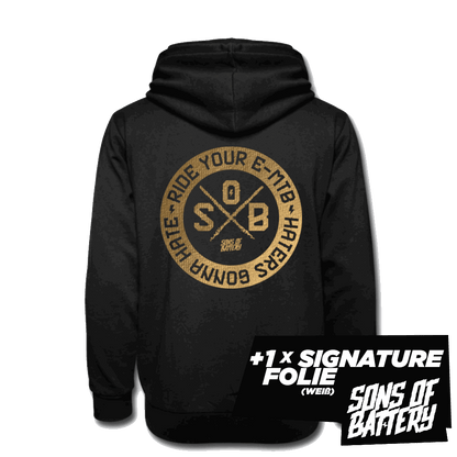 SPOD Unisex Schalkragen Hoodie "Haters" - Gold . Sons of Battery - Unisex Schalkragen Hoodie E-Bike-Community