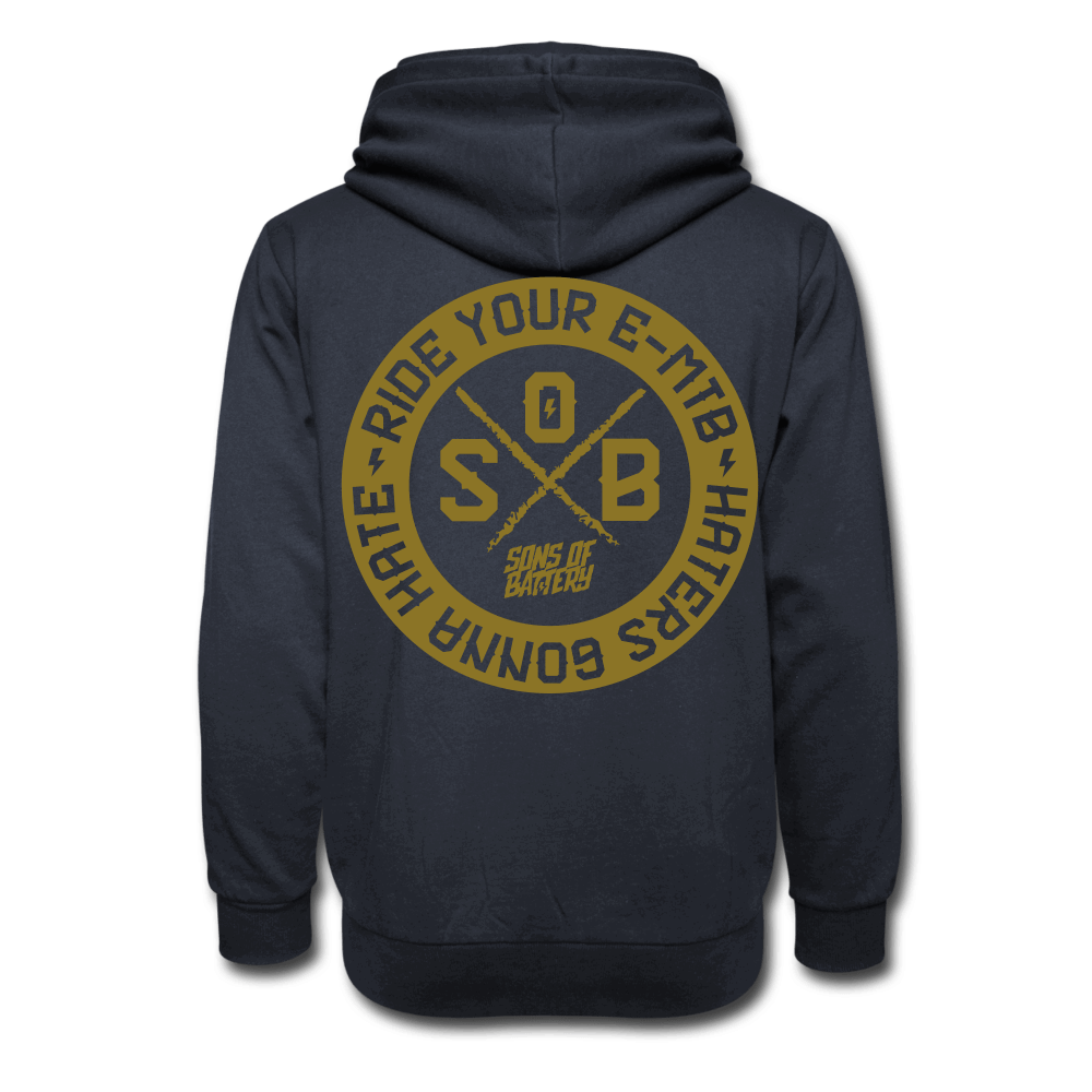 SPOD Unisex Schalkragen Hoodie Navy / XS "Haters" - Gold . Sons of Battery - Unisex Schalkragen Hoodie E-Bike-Community