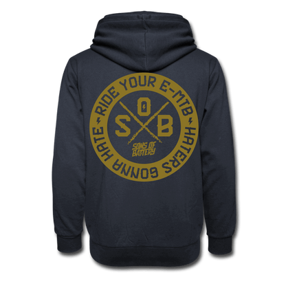 SPOD Unisex Schalkragen Hoodie Navy / XS "Haters" - Gold . Sons of Battery - Unisex Schalkragen Hoodie E-Bike-Community