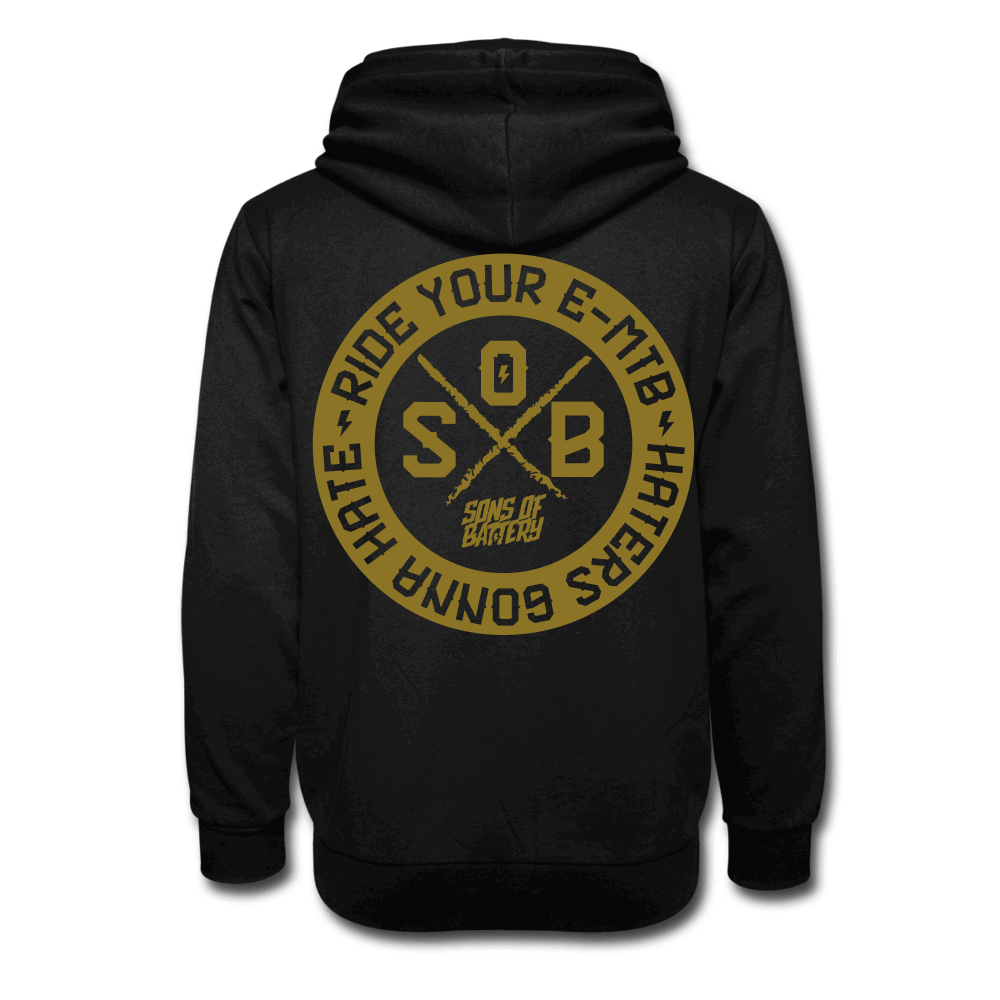 SPOD Unisex Schalkragen Hoodie Schwarz / XS "Haters" - Gold . Sons of Battery - Unisex Schalkragen Hoodie E-Bike-Community